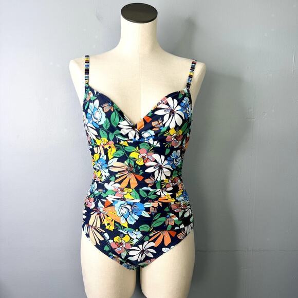 Ellen Tracy Fast & Fresh Surplice Navy Blue Multi Floral One Piece Swimsuit Sz 6 - Picture 1 of 12